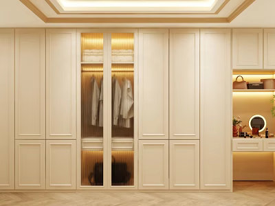 Modern Wardrobe Interior Design With Glass Doors Built-in Lighting And Storage Cabinets 3d model