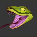 Green and Yellow Snake with Open Mouth Purple Interior Extended Tongue and Yellow Eyes