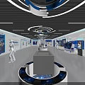 Showroom Interior With Product Display Blue Background White Counters And Human Models 3d model