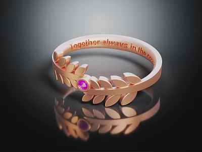 Rose Gold Ring With Leaf Design And Pink Gemstone Engraved Together Always In Life 3d model