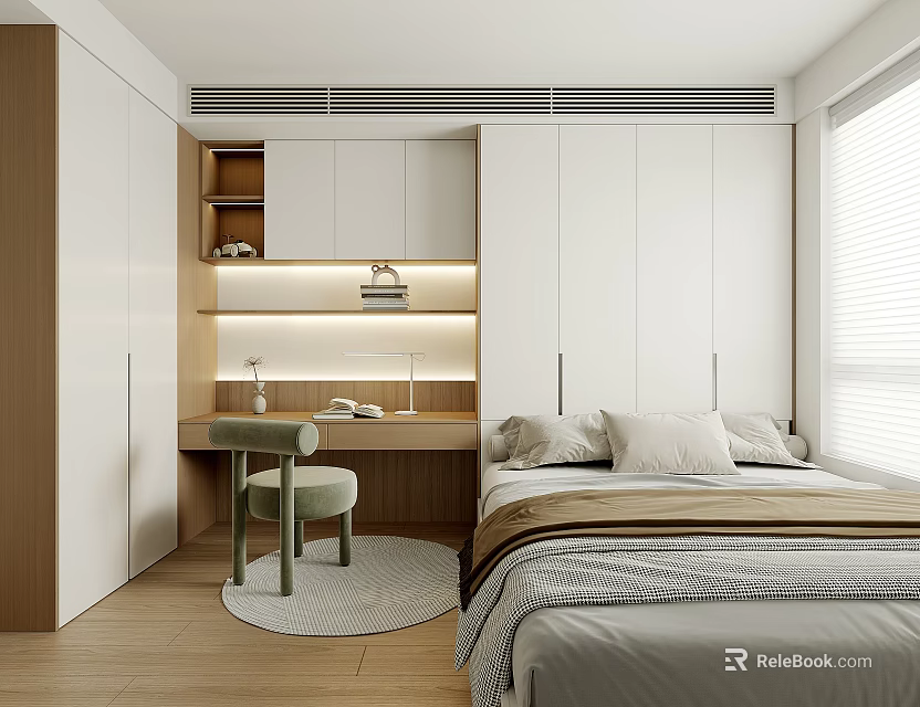 Modern Tatami Bedroom Interior Design With Built-in Cabinets Wooden Desk And Tatami Bed 3d model 