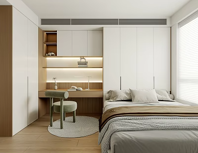 Modern Tatami Bedroom Interior Design With Built-in Cabinets Wooden Desk And Tatami Bed 3d model
