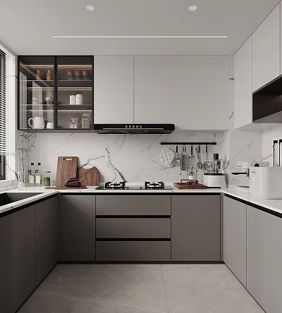 Modern Kitchen Interior With Marble Countertops Grey White Cabinets And Hanging Utensils 3d model
