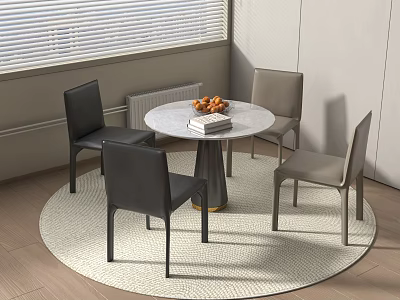Round Dining Table With Four Black And Gray Chairs Fruits And Books On Round Rug 3d model