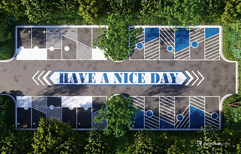 Creative Parking Lot With Greenery Geometric Patterns And Have A Nice Day Sign 3d model 