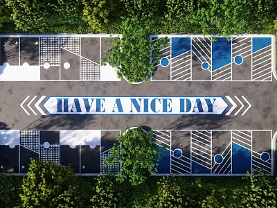 Creative Parking Lot With Greenery Geometric Patterns And Have A Nice Day Sign 3d model