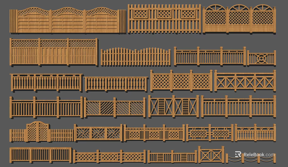 Various Wooden Fence Designs With Intricate Patterns And Classic Styles 3d model 
