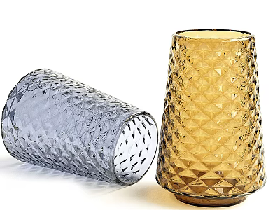 Decorative Glass Vases In Grey And Gold Diamond Pattern With Fresh Floral Blooms 3d model