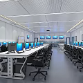 Modern Classroom Interior Design With White Tables Gray Chairs Computers And Whiteboard 3d model