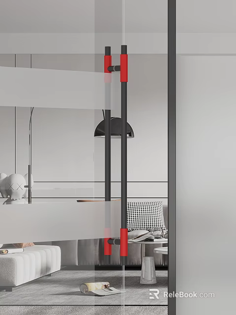 Black Metal Door Handle On Glass Door With Red Frame In Modern Interior 3d model 