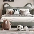 Adorable Kids Bed with Rabbit Ear Headboard Plush Bear and Soccer Ball in Children Room