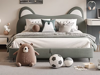 Adorable Kids Bed with Rabbit Ear Headboard Plush Bear and Soccer Ball in Children Room 3d model