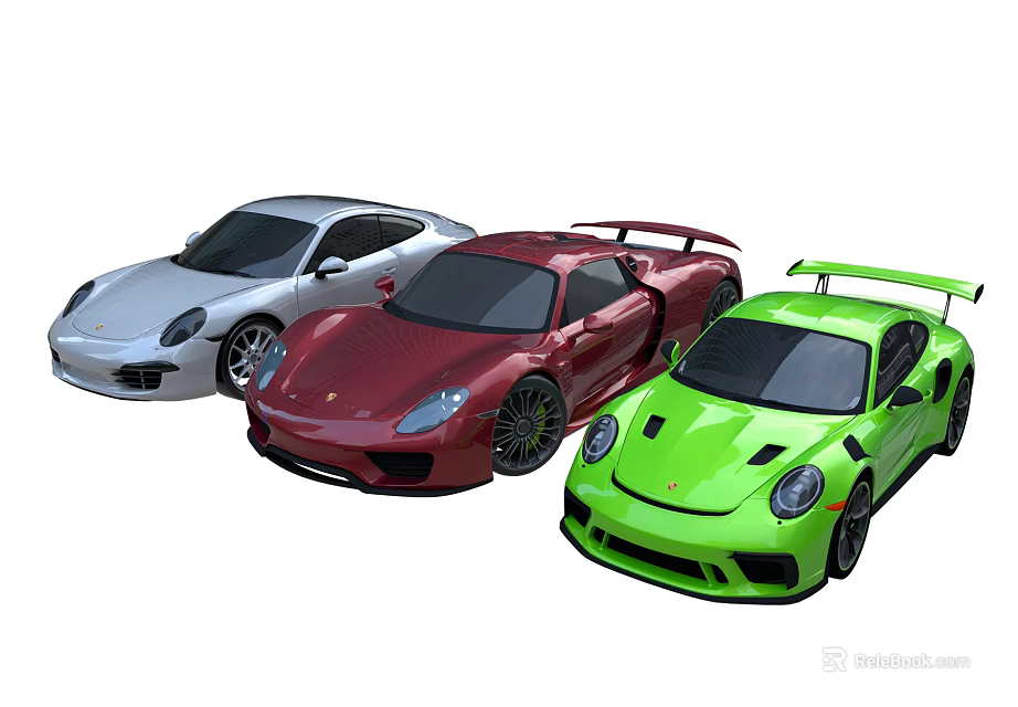 Three Luxury Sports Cars In Silver Red And Green Colors With Sleek Design 3d model 
