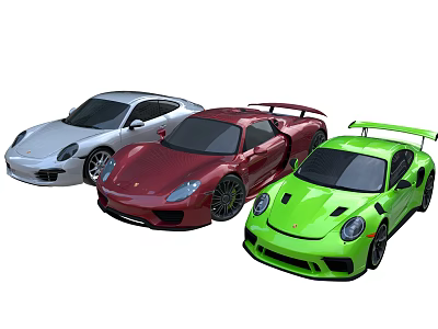 Three Luxury Sports Cars In Silver Red And Green Colors With Sleek Design 3d model