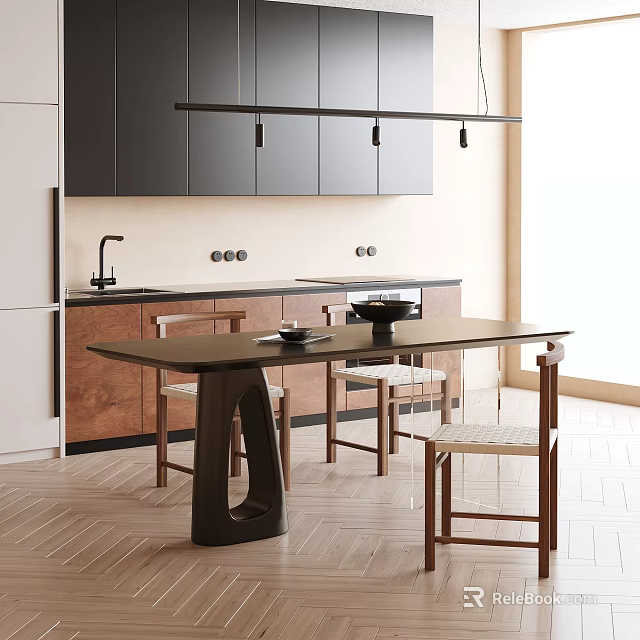 Modern Restaurant Interior Design With Dining Table Chairs Pendant Lights And Wooden Cabinets 3d model 