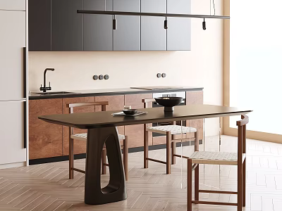 Modern Restaurant Interior Design With Dining Table Chairs Pendant Lights And Wooden Cabinets 3d model