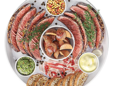 Delicious Grilled Meat Platter With Potatoes Bacon Bread And Sauces 3d model