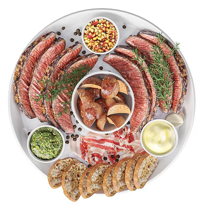 Delicious Grilled Meat Platter With Potatoes Bacon Bread And Sauces 3d model