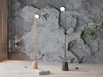 Stylish Floor Lamps In Modern Interior With Textured Gray Wall And Wooden Floor 3d model
