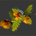 Orange Flowers With Green Leaves In Blue Vase On Dark Reflective Surface