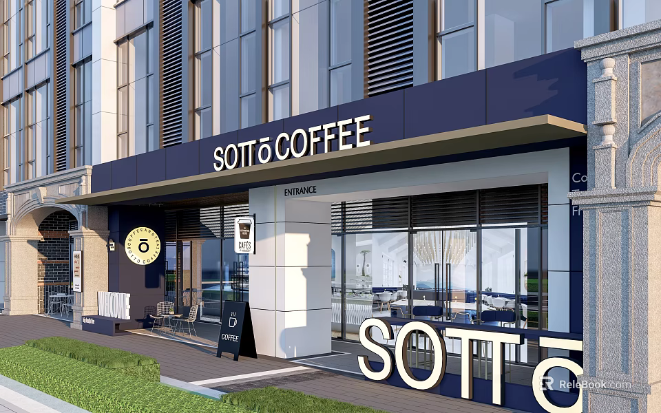 Modern Commercial Complex Exterior Featuring SOTTO COFFEE Shop Glass Facade And Outdoor Seating 3d model 