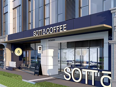 Modern Commercial Complex Exterior Featuring SOTTO COFFEE Shop Glass Facade And Outdoor Seating 3d model