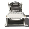 Elegant European Style Single Bed With Carved Headboard Gold Accents And Gray Striped Bedding