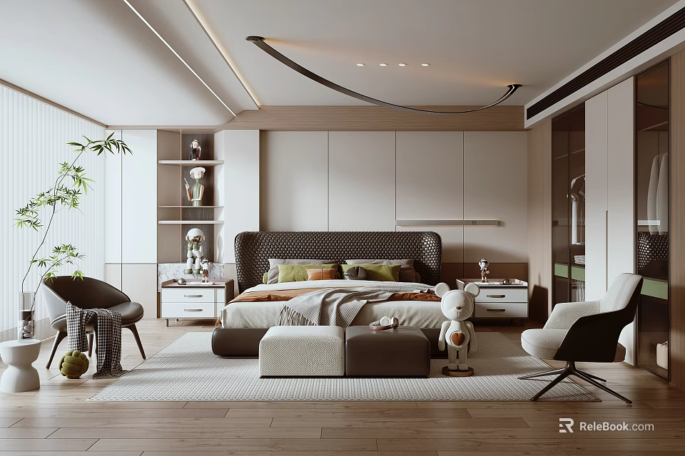 Modern Bedroom Interior Design With Bed Nightstands Rug Chair Plants Wooden Floor And Cabinets 3d model 