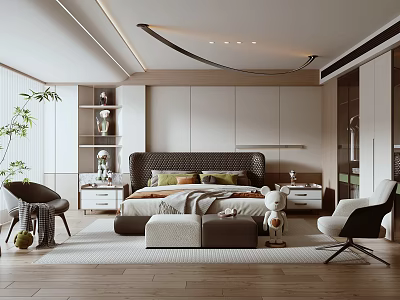 Modern Bedroom Interior Design With Bed Nightstands Rug Chair Plants Wooden Floor And Cabinets 3d model