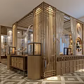 Traditional Chinese Teahouse Interior With Golden Wooden Lattice Circular Arch Green Vases Tables And Chairs