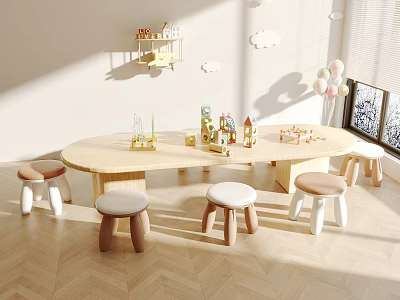 Kids Chairs Around Oval Table In Bright Playroom 3d model