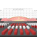 Performance Stage With Red Orange Curved Background Patterns Red White Square Seats And Lights 3d model