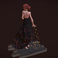Red Haired Woman In Black High Slit Dress On Wooden Planks With Golden Particles Falling