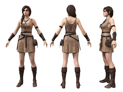 A Woman Wearing Brown Dress Leather Belt Arm Guards Boots Front Back Side Views 3d model