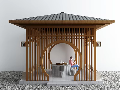 Traditional Chinese Wooden Pavilion With Circular Doorway Person Sitting At Table And Gravel Ground 3d model