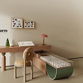 Modern Poliform Desk Featuring Butterfly Wall Art Pink Table Lamp Striped Chair and Storage Box