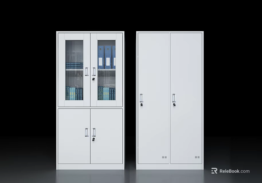 White Bookcases With Glass Door And Lockable Doors Storage For Blue Folders 3d model 