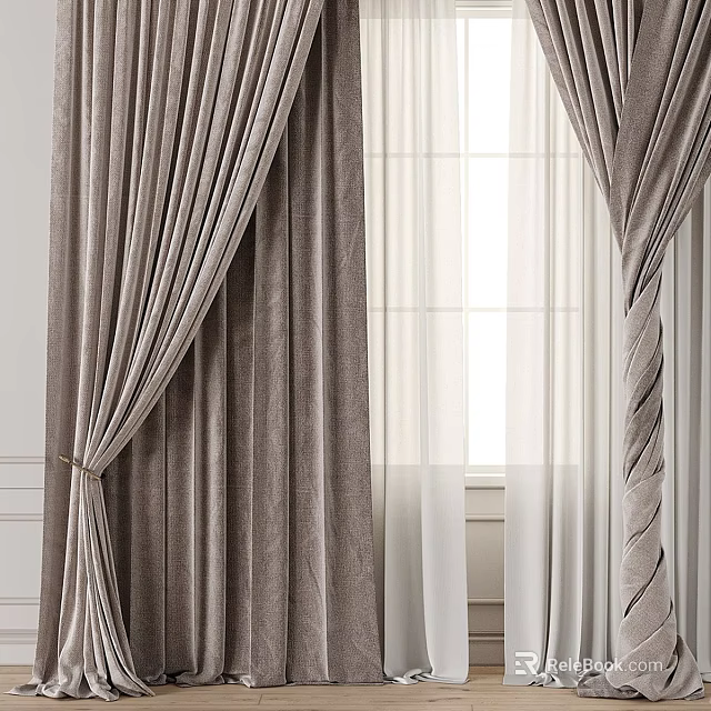 Elegant Beige Velvet Curtains With Sheer Panels And Natural Light Window 3d model 