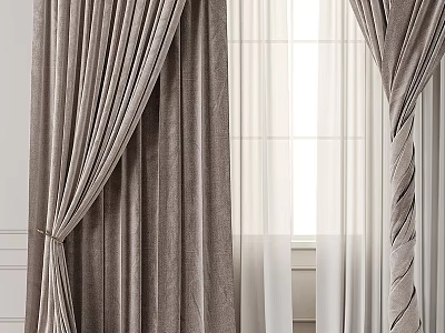 Elegant Beige Velvet Curtains With Sheer Panels And Natural Light Window 3d model