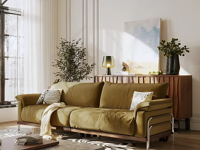Modern Living Room with Green Multi-Seat Sofa Throw Pillows Plants Floor Lamp And Decorative Painting 3d model