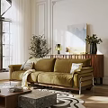 Modern Living Room with Green Multi-Seat Sofa Throw Pillows Plants Floor Lamp And Decorative Painting