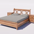 Wooden Double Bed With Carved Headboard Gray Mattress And Nightstands With Drawers