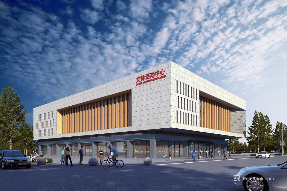 Modern Sports Hall Building With White Facade Wooden Elements People Walking Cyclists And Blue Sky 3d model 