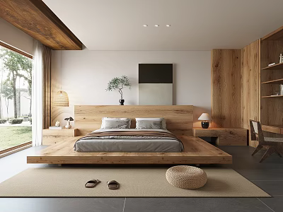Modern Hotel Guest Room With Wooden Headboard Large Window And Green Outdoor View 3d model