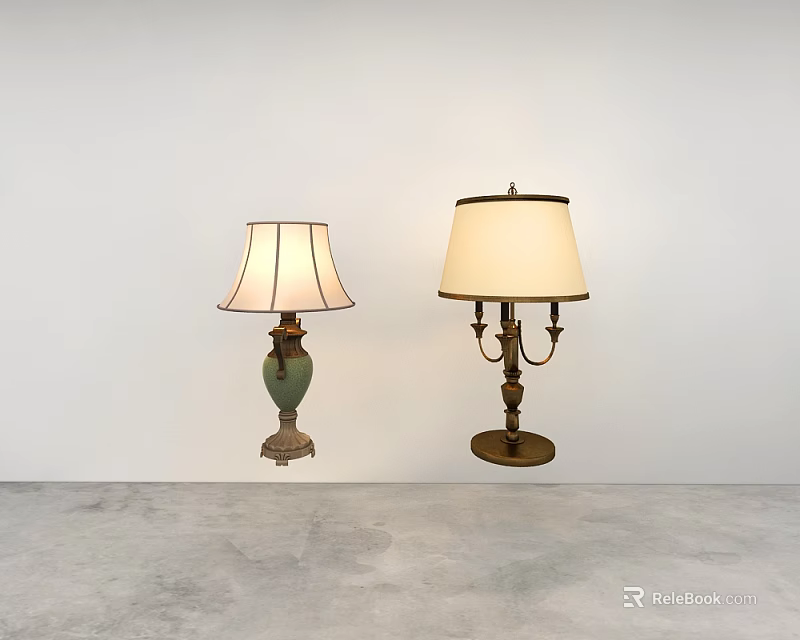 Two Elegant Table Lamps With Green Ceramic And Brass Bases White Lampshades On Gray Table 3d model 
