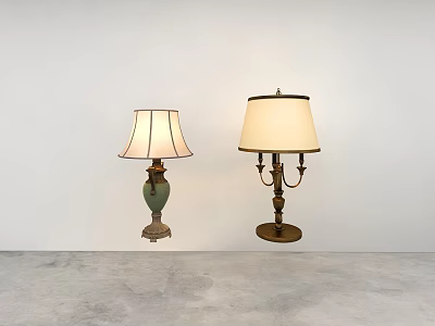 Two Elegant Table Lamps With Green Ceramic And Brass Bases White Lampshades On Gray Table 3d model