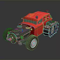 Red Vintage Mechanical Car With Tracks Large Tires And Green Circular Parts