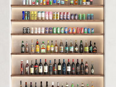 Elegant Wine Bottles And Glasses Display On Multiple Shelves In Home Bar 3d model