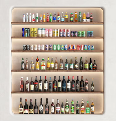 Elegant Wine Bottles And Glasses Display On Multiple Shelves In Home Bar 3d model