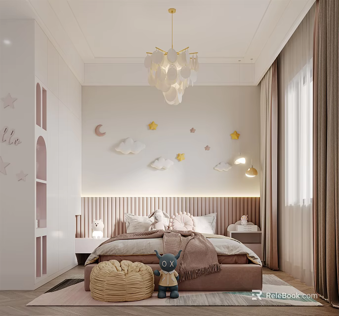 Cozy Kids Room Interior With Comfy Bed Cloud Moon Star Wall Decor And Chandelier 3d model 